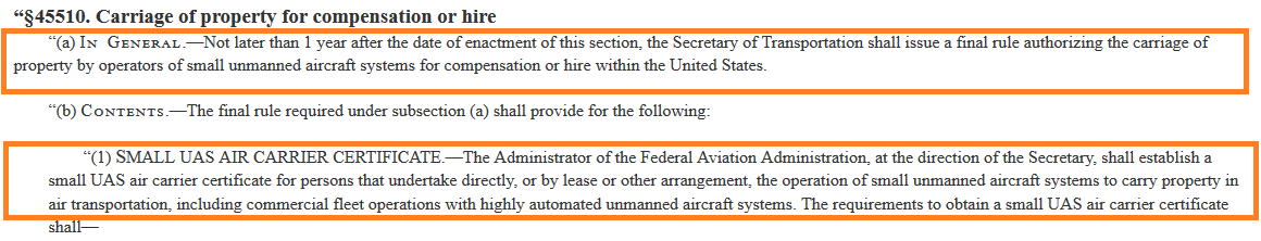 Air Carrier Certificate Requirement proposed in the 2018 FAA Reauthorization Bill