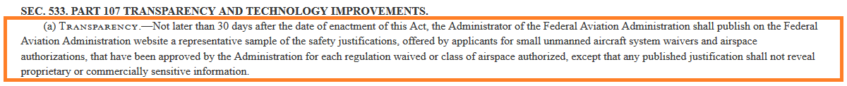 Sharing samples of Part 107 waivers in 2018 FAA Reauthorization Bill