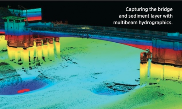 drone maps the bridge and water below 