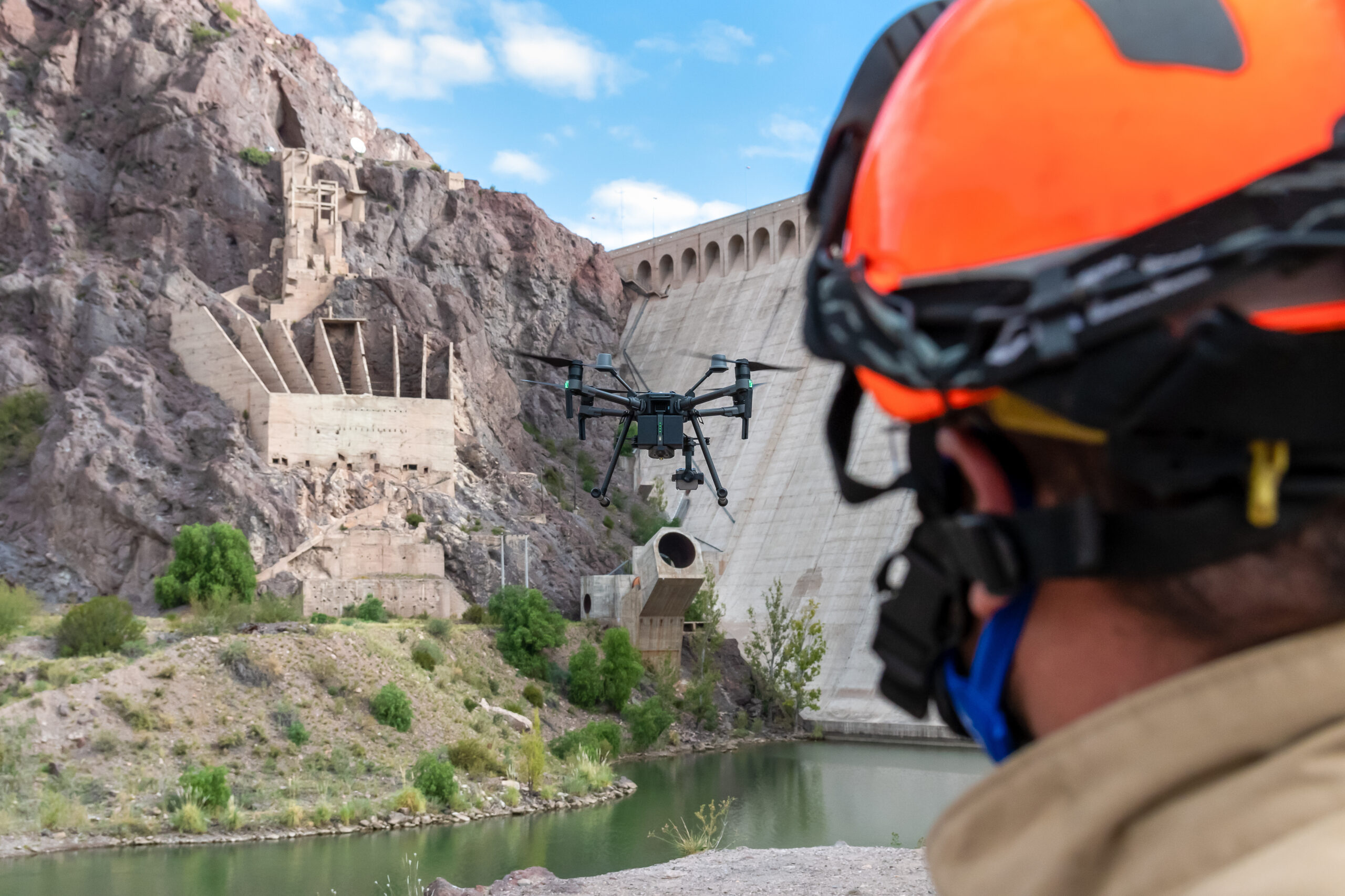 Drone remote control in hand man.Man operating of flying drone
